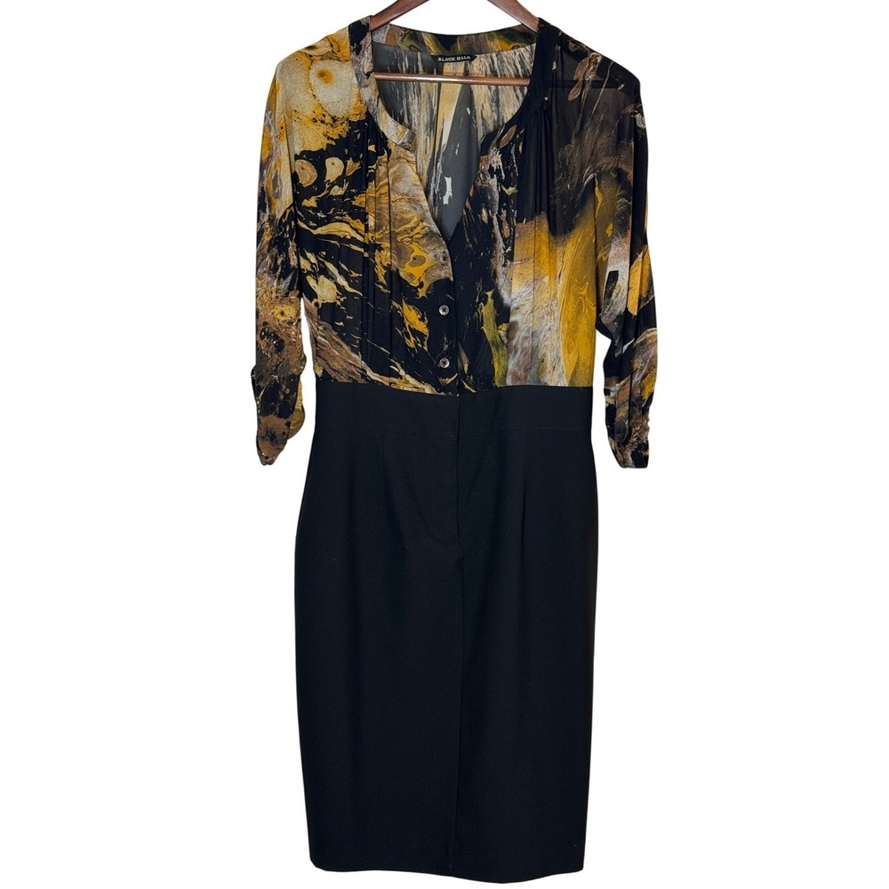 Black Halo Sheer Watercolor Blouson Sheath Dress Black Mustard Women 12 - Picture 2 of 9